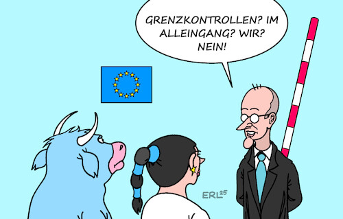 Cartoon: EU Merz (medium) by Erl tagged politik,bundeskanzler,merz,besuch,eu,kritik,grenzkontrollen,alleingang,europa,stier,karikatur,erl,politik,bundeskanzler,merz,besuch,eu,kritik,grenzkontrollen,alleingang,europa,stier,karikatur,erl