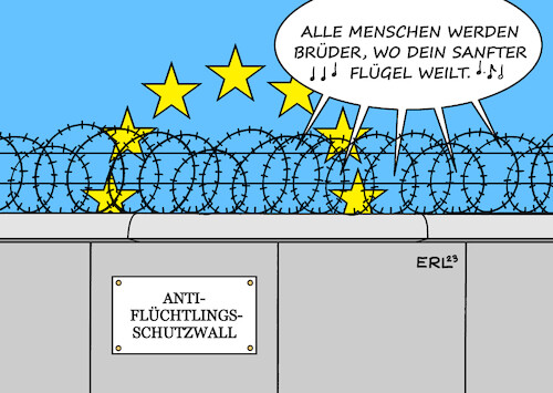 Cartoon: EU Migration (medium) by Erl tagged politik,eu,gipfel,migration,schutz,außengrenzen,abschottung,zaun,mauer,stacheldraht,schutzwall,flüchtlinge,geflüchtete,europa,werte,hymne,brüderlichkeit,karikatur,erl,politik,eu,gipfel,migration,schutz,außengrenzen,abschottung,zaun,mauer,stacheldraht,schutzwall,flüchtlinge,geflüchtete,europa,werte,hymne,brüderlichkeit,karikatur,erl