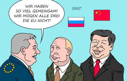 Cartoon: EU Ratspräsident Orban (medium) by Erl tagged politik,eu,ratspräsident,viktor,orban,ungarn,rechtspopulismus,rechtsextremismus,europafeindlich,reise,russland,wladimir,putin,china,xi,jinping,gleichgesinnte,krieg,angriff,überfall,ukraine,frieden,friedensmission,karikatur,erl,politik,eu,ratspräsident,viktor,orban,ungarn,rechtspopulismus,rechtsextremismus,europafeindlich,reise,russland,wladimir,putin,china,xi,jinping,gleichgesinnte,krieg,angriff,überfall,ukraine,frieden,friedensmission,karikatur,erl