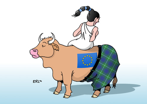 Cartoon: EU Schottland (medium) by Erl tagged schottland,referendum,abstimmung,unabhängigkeit,abspaltung,großbritannien,eu,separatismus,welle,trend,kilt,schottenrock,karo,tartan,europa,stier,schottland,referendum,abstimmung,unabhängigkeit,abspaltung,großbritannien,eu,separatismus,welle,trend,kilt,schottenrock,karo,tartan,europa,stier