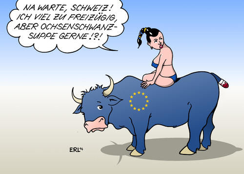 Cartoon: EU Schweiz (medium) by Erl tagged schweiz,volksabstimmung,abstimmung,einwanderung,einwanderungsquote,quote,kontingent,zuzug,zuwanderung,ausländer,freizügigkeit,personen,geld,kapital,euro,eu,europa,stier,ochse,ochsenschwanzsuppe,schweiz,volksabstimmung,abstimmung,einwanderung,einwanderungsquote,quote,kontingent,zuzug,zuwanderung,ausländer,freizügigkeit,personen,geld,kapital,euro,eu,europa,stier,ochse,ochsenschwanzsuppe