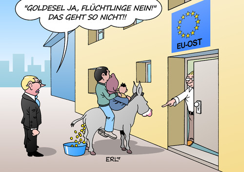 Cartoon: EU Solidarität (medium) by Erl tagged eu,solidarität,flüchtlinge,verteilung,verweigerer,osteuropa,europa,geld,empfänger,sanktionen,goldesel,esel,karikatur,erl,eu,solidarität,flüchtlinge,verteilung,verweigerer,osteuropa,europa,geld,empfänger,sanktionen,goldesel,esel,karikatur,erl