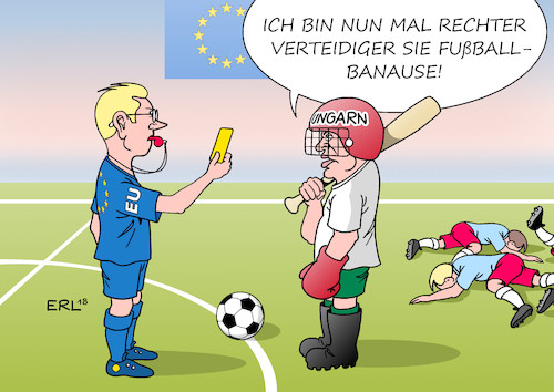 Cartoon: EU Ungarn (medium) by Erl tagged politik,eu,rechtsstaatsverfahren,strafverfahren,ungarn,viktor,orban,illiberale,demokratie,rechtspopulismus,einschränkung,meinungsfreiheit,pressefreiheit,justiz,medien,zeitung,fernsehen,ngo,europa,werte,verletzung,fußball,schiedrichter,gelbe,karte,baseball,boxen,rechter,verteidiger,karikatur,erl,politik,eu,rechtsstaatsverfahren,strafverfahren,ungarn,viktor,orban,illiberale,demokratie,rechtspopulismus,einschränkung,meinungsfreiheit,pressefreiheit,justiz,medien,zeitung,fernsehen,ngo,europa,werte,verletzung,fußball,schiedrichter,gelbe,karte,baseball,boxen,rechter,verteidiger,karikatur,erl