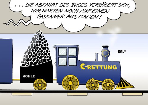 Cartoon: Euro-Rettung (medium) by Erl tagged euro,schulden,krise,griechenland,italien,rating,agentur,ratingagentur,herabstufung,gefahr,rettung,rettungsschirm,lokomotive,zug,dampflok,kohle,euro,schulden,krise,griechenland,italien,rating agentur,herabstufung,rating,agentur