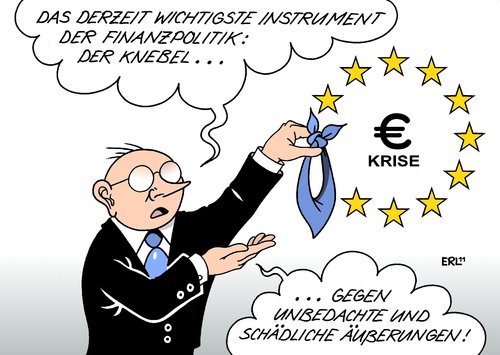 Cartoon: Eurokrise (medium) by Erl tagged eurokrise,euro,eu,schulden,krise,griechenland,finanzminister,treffen,knebel,aussage,äußerung,unbedacht,geschwätz,markt,märkte,panik,finanzpolitik,instrument,eurokrise,euro,schulden,krise,griechenland,finanzminister,treffen,knebel,aussage