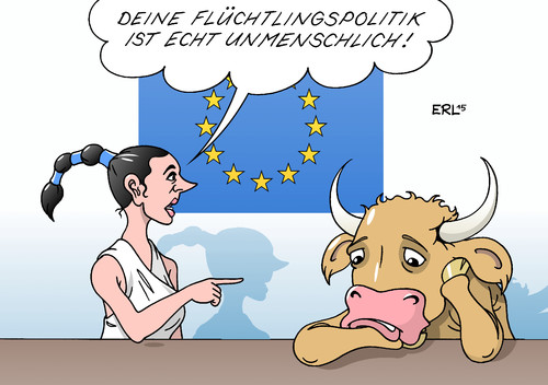 Cartoon: Europa und der Stier (medium) by Erl tagged eu,europa,stier,flüchtlingspolitik,unmenschlich,abschottung,festung,grenzen,frontex,abschreckung,flüchtlinge,boot,ertrinken,tod,gewissen,vorwurf,nachdenken,politik,karikatur,erl,eu,europa,stier,flüchtlingspolitik,unmenschlich,abschottung,festung,grenzen,frontex,abschreckung,flüchtlinge,boot,ertrinken,tod,gewissen,vorwurf,nachdenken,politik