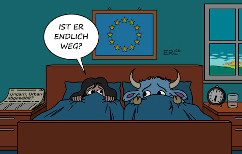Cartoon: Europas Alptraum (medium) by Erl tagged politik,wahl,ungarn,eu,hoffnung,abwahl,orban,autokratie,korruption,vetternwirtschaft,nähe,putin,trump,morgen,aufwachen,bett,europa,stier,karikatur,erl,politik,wahl,ungarn,eu,hoffnung,abwahl,orban,autokratie,korruption,vetternwirtschaft,nähe,putin,trump,morgen,aufwachen,bett,europa,stier,karikatur,erl