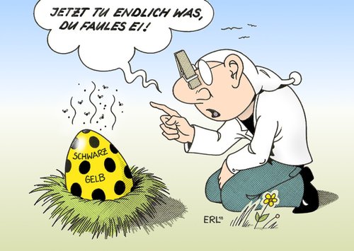 Cartoon: Faules Ei (medium) by Erl tagged cdu,csu,fdp,schwarz,gelb,koalition,faul,ei,gestank,stinken,cdu,csu,gelb,koalition,faul,ei,stinken