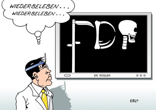 Cartoon: FDP (medium) by Erl tagged parteitag,fdp,vorsitzender,vizekanzler,wirtschaftsminister,philipp,rösler,partei,umfragetief,fünf,prozent,arzt,röntgen,diagnose,therapie,wiederbelebung,fdp,rösler