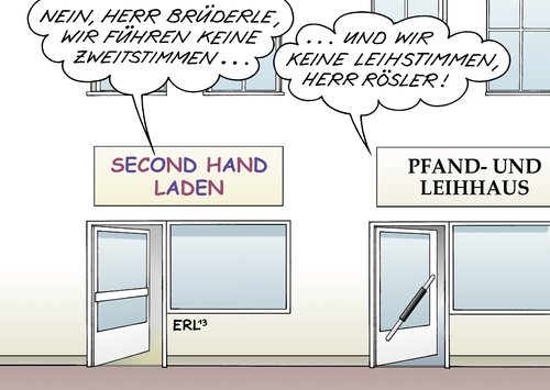 Cartoon: FDP in Panik (medium) by Erl tagged fdp,wahl,landtagswahl,bayern,niederlage,landtag,bundestagswahl,zweitstimme,leihstimme,kampagne,gefahr,cdu,second,hand,laden,pfandhaus,leihhaus,fdp,wahl,landtagswahl,bayern,niederlage,landtag,bundestagswahl,zweitstimme,leihstimme,kampagne,gefahr,cdu,second,hand,laden,pfandhaus,leihhaus