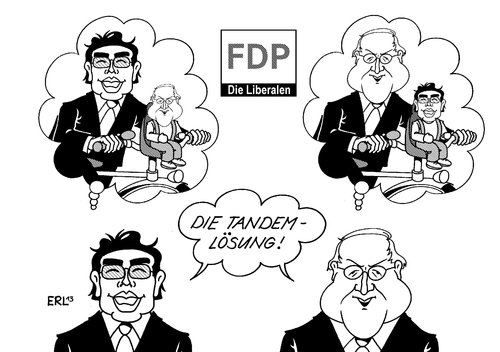 Cartoon: FDP Tandemlösung (medium) by Erl tagged fdp,tandemlösung,vorsitz,philipp,rösler,spitzenkandidat,bundestagswahl,rainer,brüderle,führungsstreit,niedersachsenwahl