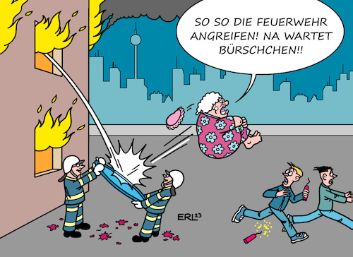 Cartoon: Feuerwehrstrategie (medium) by Erl tagged politik,silvester,berlin,rettungskräfte,polizei,feuerwehr,angriffe,böller,feuerwerk,menschenmenge,reaktion,strategie,sprungtuch,seniorin,karikatur,erl,politik,silvester,berlin,rettungskräfte,polizei,feuerwehr,angriffe,böller,feuerwerk,menschenmenge,reaktion,strategie,sprungtuch,seniorin,karikatur,erl