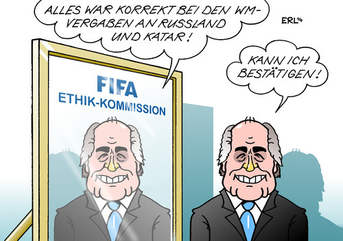 Cartoon: FIFA (medium) by Erl tagged fifa,fußball,verband,wm,weltmeisterschaft,vergabe,russland,2018,katar,2022,verdacht,korruption,ethik,kommission,freispruch,widerspruch,sonderermittler,präsident,joseph,sepp,blatter,fifa,fußball,verband,wm,weltmeisterschaft,vergabe,russland,2018,katar,2022,verdacht,korruption,ethik,kommission,freispruch,widerspruch,sonderermittler,präsident,joseph,sepp,blatter