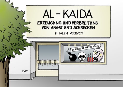 Cartoon: Filiale (medium) by Erl tagged terror,terrorismus,al,kaida,osama,bin,laden,angst,schrecken,weltweit,global,filiale,bombe,totenkopf,dynamit,terror,terrorismus,al kaida,osama bin laden,schrecken,weltweit,bombe,totenkopf,usa,warnung,deutschland,terroristen,sicherheit,al,kaida,osama,bin,laden