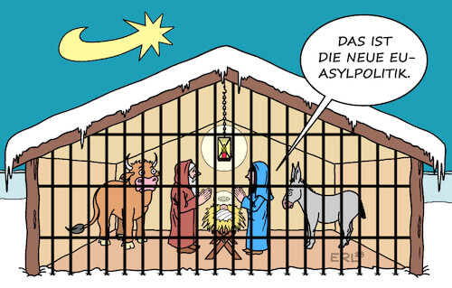 Cartoon: Flüchtlinge (medium) by Erl tagged politik,eu,asylrecht,reform,asylpolitik,abschreckung,asylverfahren,außengrenzen,drittstaaten,internierung,haftähnliche,bedingungen,familien,frauen,kinder,flüchtlinge,heilige,familie,maria,josef,jesus,weihnachten,stall,asyl,betlehem,krippe,ochs,esel,karikatur,erl,politik,eu,asylrecht,reform,asylpolitik,abschreckung,asylverfahren,außengrenzen,drittstaaten,internierung,haftähnliche,bedingungen,familien,frauen,kinder,flüchtlinge,heilige,familie,maria,josef,jesus,weihnachten,stall,asyl,betlehem,krippe,ochs,esel,karikatur,erl