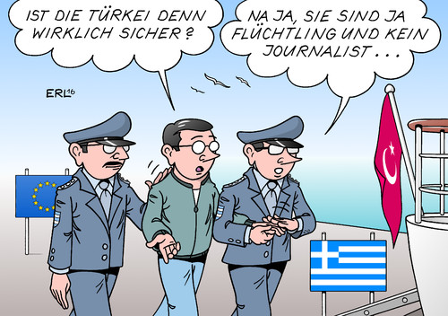 Cartoon: Flüchtlinge Türkei (medium) by Erl tagged flüchtlinge,syrien,eu,griechenland,abkommen,türkei,rücknahme,polizei,fähre,sicherheit,sicher,pressefreiheit,meinungsfreiheit,verhaftung,journalisten,präsident,erdogan,autoritär,satire,karikatur,erl,flüchtlinge,syrien,eu,griechenland,abkommen,türkei,rücknahme,polizei,fähre,sicherheit,sicher,pressefreiheit,meinungsfreiheit,verhaftung,journalisten,präsident,erdogan,autoritär,satire,karikatur,erl