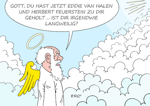 Cartoon: Frage an Gott (medium) by Erl tagged politik,philosophie,religion,tod,leben,eddie,van,halen,musiker,gitarrist,herbert,feuerstein,autor,humorist,künstler,unterhaltung,gott,himmel,petrus,frage,karikatur,erl,politik,philosophie,religion,tod,leben,eddie,van,halen,musiker,gitarrist,herbert,feuerstein,autor,humorist,künstler,unterhaltung,gott,himmel,petrus,frage,karikatur,erl