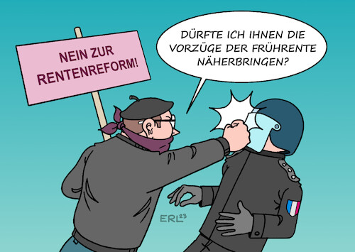 Cartoon: Frankreich (medium) by Erl tagged politik,frankreich,protest,rentenreform,präsident,macron,ausschreitungen,gewalt,polizei,arbeit,rente,arbeitszeit,renteneintrittsalter,karikatur,erl,politik,frankreich,protest,rentenreform,präsident,macron,azsschreitungen,gewalt,polizei,arbeit,rente,arbeitszeit,renteneintrittsalter,karikatur,erl