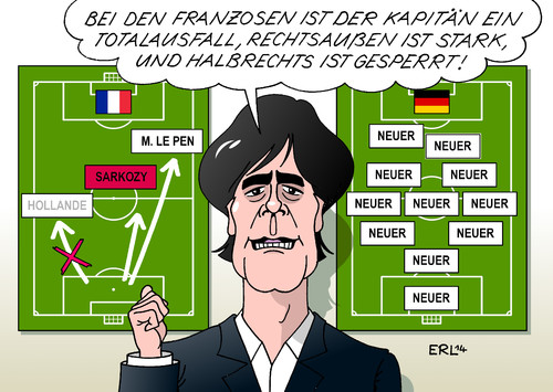 Cartoon: Frankreich Deutschland (medium) by Erl tagged fußball,weltmeisterschaft,wm,viertelfinale,frankreich,deutschland,joachim,jogi,löw,taktik,neuer,aufstellung,politik,hollande,sarkozy,gefängnis,marine,le,pen,rechts,rechtsaußen,rechtsextremismus,fußball,weltmeisterschaft,wm,viertelfinale,frankreich,deutschland,joachim,jogi,löw,taktik,neuer,aufstellung,politik,hollande,sarkozy,gefängnis,marine,le,pen,rechts,rechtsaußen,rechtsextremismus