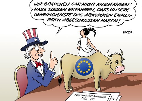 Cartoon: Freihandelsabkommen (medium) by Erl tagged freihandelsabkommen,usa,eu,verhandlungen,freihandelszone,geheimdienste,skandal,überwachung,abhören,daten,datenschutz,uncle,sam,europa,stier,freihandelsabkommen,usa,eu,verhandlungen,freihandelszone,geheimdienste,skandal,überwachung,abhören,daten,datenschutz,uncle,sam,europa,stier