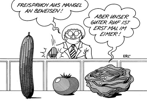 Cartoon: Freispruch (medium) by Erl tagged bakterium,keim,salat,freispruch,robert koch institut,gesundheitsamt,gesundheit,eimer,warnung,sprossen,robert,koch,institut