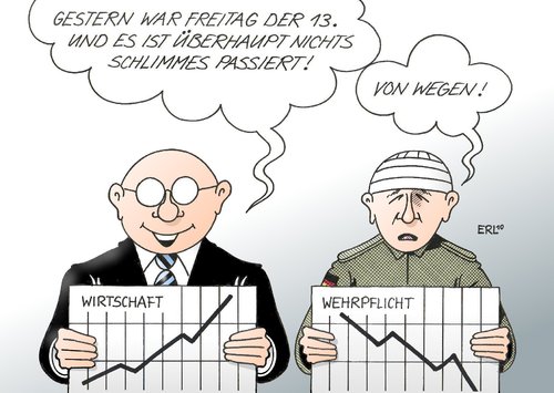 Cartoon: Freitag der 13. (medium) by Erl tagged wirtschaft,aufschwung,bruttoinlandprodukt,wachstum,wehrpflicht,aussetzung,armee,freiwillige,guttenberg,freitag,dreizehnter,glück,unglück,aberglaube,wirtschaft,aufschwung,bruttoinlandprodukt,wachstum,wehrpflicht,aussetzung,armee,freiwillige,guttenberg,freitag,dreizehnter,unglück,glück,aberglaube,militär,bundeswehr