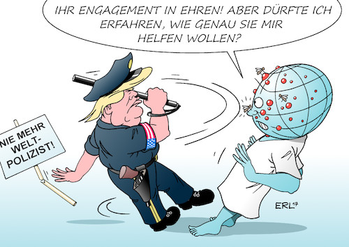 Cartoon: Freund und Helfer (medium) by Erl tagged usa,präsident,donald,trump,sinneswandel,rückzug,offensive,weltpolizist,syrien,diktator,assad,nordkorea,kim,jong,un,erde,welt,skepsis,strategie,plan,wankelmut,karikatur,erl,usa,präsident,donald,trump,sinneswandel,rückzug,offensive,weltpolizist,syrien,diktator,assad,nordkorea,kim,jong,un,erde,welt,skepsis,strategie,plan,wankelmut,karikatur,erl