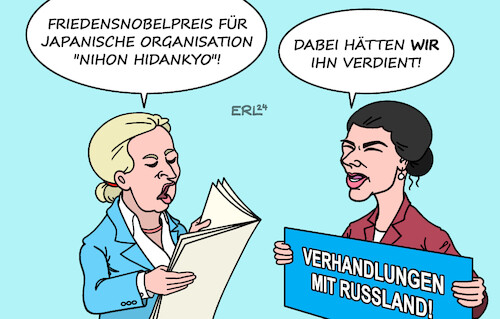 Cartoon: Friedensnobelpreis (medium) by Erl tagged politik,friedensnobelpreis,organisation,japan,nukleare,abrüstung,weidel,wagenknecht,verhandlungen,russland,karikatur,erl,politik,friedensnobelpreis,organisation,japan,nukleare,abrüstung,weidel,wagenknecht,verhandlungen,russland,karikatur,erl