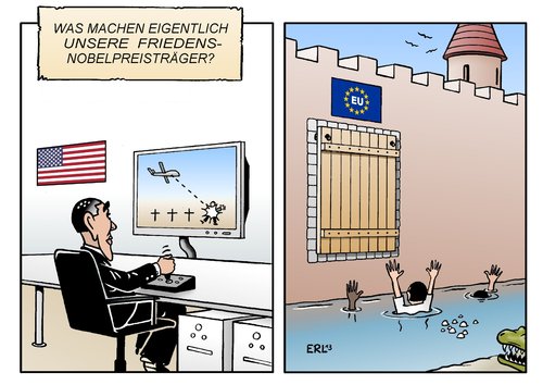 Cartoon: Friedensnobelpreisträger (medium) by Erl tagged friedensnobelpreis,friedensnobelpreisträger,usa,eu,drohnen,tötung,grenze,dicht,flüchtlinge,europa,krokodil,friedensnobelpreis,friedensnobelpreisträger,usa,eu,drohnen,tötung,grenze,dicht,flüchtlinge,europa,krokodil