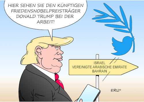 Cartoon: Friedensnobelpreisträger (medium) by Erl tagged politik,nahost,aufnahme,diplomatische,beziehungen,israel,vereinigte,arabische,emirate,bahrain,vermittlung,usa,hoffnung,friedensnobelpreis,friedensnobelpreisträger,präsident,donald,trump,twitter,friedenstaube,karikatur,erl,politik,nahost,aufnahme,diplomatische,beziehungen,israel,vereinigte,arabische,emirate,bahrain,vermittlung,usa,hoffnung,friedensnobelpreis,friedensnobelpreisträger,präsident,donald,trump,twitter,friedenstaube,karikatur,erl