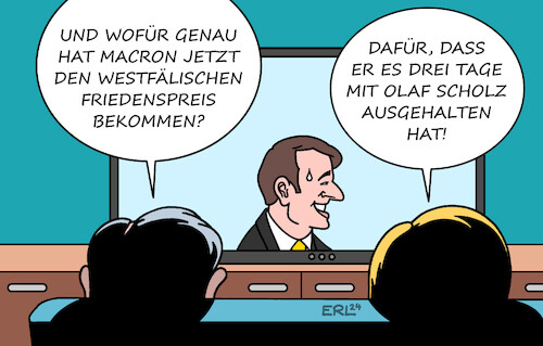 Cartoon: Friedenspreis (medium) by Erl tagged politik,frankreich,präsident,emmanuel,macron,verleihung,westfälischer,friedenspreis,besuch,deutschland,treffen,bundeskanzler,olaf,scholz,temperament,charakter,unterschied,entwicklung,eu,karikatur,erl,politik,frankreich,präsident,emmanuel,macron,verleihung,westfälischer,friedenspreis,besuch,deutschland,treffen,bundeskanzler,olaf,scholz,temperament,charakter,unterschied,entwicklung,eu,karikatur,erl