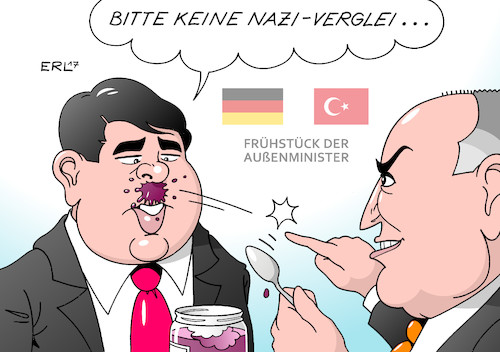 Cartoon: Frühstück (medium) by Erl tagged frühstück,außenminister,deutschland,türkei,sigmar,gabriel,mevlüt,cavusoglu,streit,verstimmung,vorwurf,nazimethoden,nazivergleich,verbot,wahlkampf,auftritt,werbung,referendum,präsidialsystem,präsident,erdogan,abbau,demokratie,pressefreiheit,marmelade,konfitüre,hitler,bart,karikatur,erl,frühstück,außenminister,deutschland,türkei,sigmar,gabriel,mevlüt,cavusoglu,streit,verstimmung,vorwurf,nazimethoden,nazivergleich,verbot,wahlkampf,auftritt,werbung,referendum,präsidialsystem,präsident,erdogan,abbau,demokratie,pressefreiheit,marmelade,konfitüre,hitler,bart,karikatur,erl