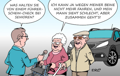 Cartoon: Führerschein-Check bei Senioren (medium) by Erl tagged politik,verkehr,mobilität,auto,senioren,führerschein,überprüfung,check,fahrtüchtigkeit,absage,verkehrsminister,volker,wissing,suv,frau,mann,alt,alter,karikatur,erl,politik,verkehr,mobilität,auto,senioren,führerschein,überprüfung,check,fahrtüchtigkeit,absage,verkehrsminister,volker,wissing,suv,frau,mann,alt,alter,karikatur,erl