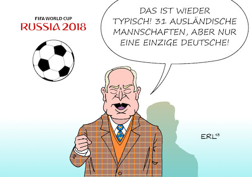 Cartoon: Fußball-Nationalmann (medium) by Erl tagged politik,sport,fußball,wm,weltmeisterschaft,fußballweltmeisterschaft,russland,2018,teilnehmer,mannschaften,32,deutsch,ausländisch,deutschland,partei,afd,bundestag,rechtspopulismus,nationalismus,rassismus,alexander,gauland,reden,rechtsextremismus,tabubruch,karikatur,erl,politik,sport,fußball,wm,weltmeisterschaft,fußballweltmeisterschaft,russland,2018,teilnehmer,mannschaften,32,deutsch,ausländisch,deutschland,partei,afd,bundestag,rechtspopulismus,nationalismus,rassismus,alexander,gauland,reden,rechtsextremismus,tabubruch,karikatur,erl