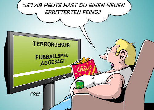 Cartoon: Fußball und Terror (medium) by Erl tagged frankreich,paris,terror,anschläge,fußball,länderspiel,deutschland,niederlande,absage,fan,feind,is,islamismus,terrorismus,fernsehen,chips,bier,lebensstil,entschlossenheit,karikatur,erl,frankreich,paris,terror,anschläge,fußball,länderspiel,deutschland,niederlande,absage,fan,feind,is,islamismus,terrorismus,fernsehen,chips,bier,lebensstil,entschlossenheit,karikatur,erl