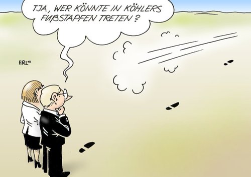 Cartoon: Fußstapfen (medium) by Erl tagged bundespräsident,köhler,rücktritt,flucht,weglaufen,nachfolger,fußstapfen,treten,bundespräsident,horst köhler,rücktritt,weglaufen,fußstapfen,horst,köhler