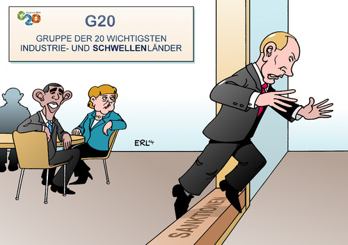 Cartoon: G20 (medium) by Erl tagged g20,gruppe,industrieländer,schwellenländer,wichtig,gipfel,australien,ukraine,konflikt,usa,eu,russland,sanktionen,obama,merkel,putin,karikatur,erl,g20,gruppe,industrieländer,schwellenländer,wichtig,gipfel,australien,ukraine,konflikt,usa,eu,russland,sanktionen,obama,merkel,putin