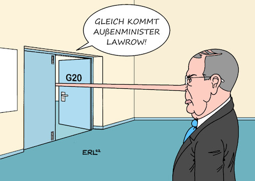 Cartoon: G20 (medium) by Erl tagged politik,gipfel,g20,indonesien,teilnahme,außemninister,lawrow,russland,krieg,angriff,überfall,ukraine,begründung,lügen,propaganda,nase,pinocchio,karikatur,erl,politik,gipfel,g20,indonesien,teilnahme,außemninister,lawrow,russland,krieg,angriff,überfall,ukraine,begründung,lügen,propaganda,nase,pinocchio,karikatur,erl