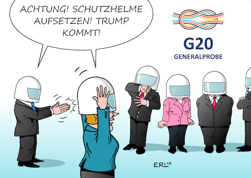 Cartoon: G20 Generalprobe (medium) by Erl tagged g20,gipfel,industrienationen,schwellenländer,treffen,weltpolitik,probleme,lösungen,globalisierung,kapitalismus,kritik,demonstrationen,polizei,gewalt,schlägerei,prügel,video,usa,präsident,donald,trump,cnn,schläge,twitter,generalprobe,merkel,karikatur,erl,g20,gipfel,industrienationen,schwellenländer,treffen,weltpolitik,probleme,lösungen,globalisierung,kapitalismus,kritik,demonstrationen,polizei,gewalt,schlägerei,prügel,video,usa,präsident,donald,trump,fernsehsender,cnn,schläge,kopf,twitter,politiker,generalprobe,schtzhelm,merkel,karikatur,erl