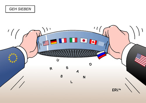 Cartoon: G7 (medium) by Erl tagged ukraine,krim,russland,besetzung,militär,putin,sanktionen,ausschluss,g7,usa,deutschland,frankreich,italien,japan,kanada,sieb,sieben,g7