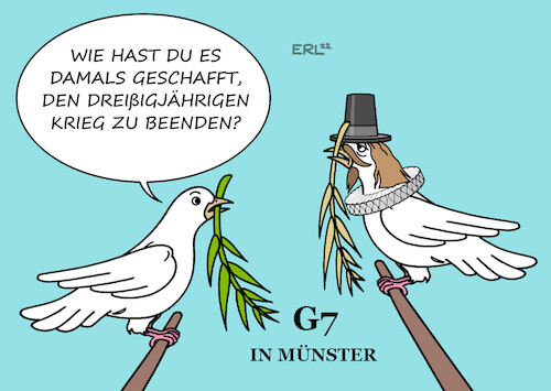 Cartoon: G7 in Münster (medium) by Erl tagged politik,krieg,angriff,überfall,russland,ukraine,g7,treffen,außenminister,geschichte,dreißigjähriger,westfälischer,friede,münster,osnabrück,1648,friedenstaube,karikatur,erl,politik,krieg,angriff,überfall,russland,ukraine,g7,treffen,außenminister,geschichte,dreißigjähriger,westfälischer,friede,münster,osnabrück,1648,friedenstaube,karikatur,erl