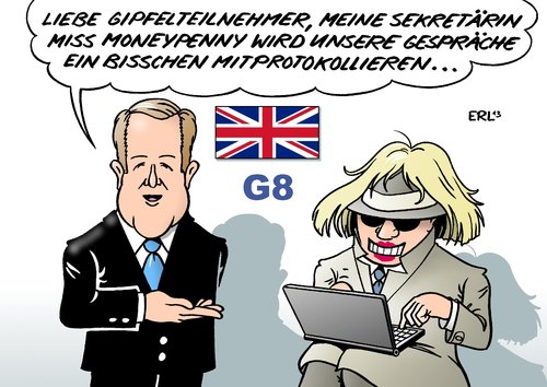 Cartoon: G8 (medium) by Erl tagged g8,gipfel,großbritannien,nordirland,premierminister,david,cameron,gastgeber,geheimdienst,überwachung,überwachen,bespitzelung,bespitzeln,abhören,mitschreiben,protokoll,james,bond,sekretärin,miss,moneypenny,g8,gipfel,großbritannien,nordirland,premierminister,david,cameron,gastgeber,geheimdienst,überwachung,überwachen,bespitzelung,bespitzeln,abhören,mitschreiben,protokoll,james,bond,sekretärin,miss,moneypenny