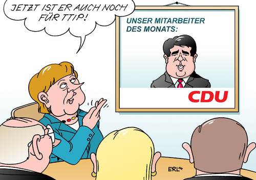 Cartoon: Gabriel TTIP (medium) by Erl tagged wirtschaftsminister,gabriel,spd,befürwortung,ttip,freihandelsabkommen,usa,ceta,kanada,probleme,linke,parteiflügel,partei,mitarbeiter,des,monats,cdu,bundeskanzlerin,angela,merkel,karikatur,erl,wirtschaftsminister,gabriel,spd,befürwortung,ttip,freihandelsabkommen,usa,ceta,kanada,probleme,linke,parteiflügel,partei,mitarbeiter,des,monats,cdu,bundeskanzlerin,angela,merkel