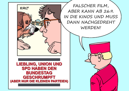 Cartoon: ganz großes Kino (medium) by Erl tagged politik,bundestag,größe,höhe,anzahl,abgeordnete,vorgabe,karlsruhe,reform,wahlrecht,wahlrechtsreform,umsetzung,cdu,csu,spd,nachteil,kleine,parteien,afd,grüne,fdp,klage,bundesverfassungsgericht,abgewiesen,geltung,bundestagswahl,nachbesserung,kino,film,liebling,ich,habe,die,kinder,geschrumpft,karikatur,erl,politik,bundestag,größe,höhe,anzahl,abgeordnete,vorgabe,karlsruhe,reform,wahlrecht,wahlrechtsreform,umsetzung,cdu,csu,spd,nachteil,kleine,parteien,afd,grüne,fdp,klage,bundesverfassungsgericht,abgewiesen,geltung,bundestagswahl,nachbesserung,kino,film,liebling,ich,habe,die,kinder,geschrumpft,karikatur,erl