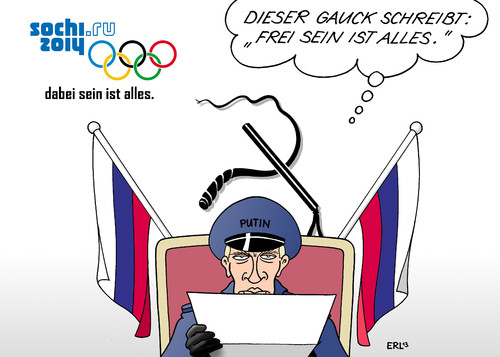 Cartoon: Gauck Olympia (medium) by Erl tagged bundespräsident,joachim,gauck,boykott,olympische,winterspiele,sotschi,2014,russland,menschenrechte,meinungsfreiheit,pressefreiheit,freiheit,unterdrückung,präsident,putin,demokratie,abbau,bundespräsident,joachim,gauck,boykott,olympische,winterspiele,sotschi,2014,russland,menschenrechte,meinungsfreiheit,pressefreiheit,freiheit,unterdrückung,präsident,putin,demokratie,abbau