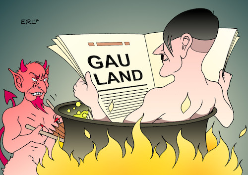 Cartoon: Gauland (medium) by Erl tagged afd,alexander,gauland,aussage,deutschland,geschichte,stolz,wehrmacht,soldaten,verharmlosung,nationalsozialismus,verbrechen,rechtspopulismus,rechtsextremismus,gau,land,hölle,adolf,hitler,zustimmung,feuer,teufel,karikatur,erl,afd,alexander,gauland,aussage,deutschland,geschichte,stolz,wehrmacht,soldaten,verharmlosung,nationalsozialismus,verbrechen,rechtspopulismus,rechtsextremismus,gau,land,hölle,adolf,hitler,zustimmung,feuer,teufel,karikatur,erl