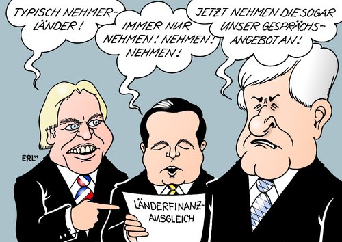 Cartoon: Geberländer (medium) by Erl tagged finanzkraft,finanzen,wirtschaft,bundesland,nehmerländer,geberländer,württemberg,baden,bayern,angleichung,lebensverhältnisse,seehofer,horst,mappus,stefan,bouffier,volker,gespräch,hamburg,hessen,länderfinanzausgleich,länderfinanzausgleich,geberländer,nehmerländer,bundesland,wirtschaft,finanzen,finanzkraft,lebensverhältnisse,angleichung,bayern