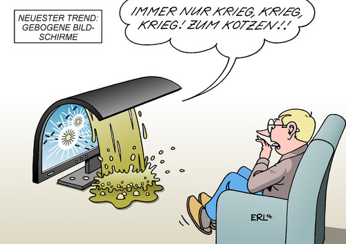 Cartoon: Gebogene Bildschirme (medium) by Erl tagged internationale,berlin,ifa,funkausstellung,trend,fernsehen,internet,bildschirm,gebogen,nachrichten,krieg,kotzen,ifa