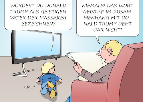 Cartoon: Geistiger Vater (medium) by Erl tagged politik,usa,präsident,donald,trump,rechtspopulismus,nationalismus,rassismus,ausgrenzung,worte,bahnen,taten,geistiger,vater,sohn,terrorismus,massaker,gewehr,fernsehen,zeitung,karikatur,erl,politik,usa,präsident,donald,trump,rechtspopulismus,nationalismus,rassismus,ausgrenzung,worte,bahnen,taten,geistiger,vater,sohn,terrorismus,massaker,gewehr,fernsehen,zeitung,karikatur,erl