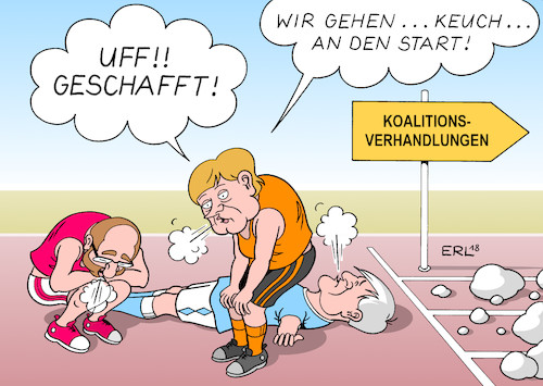 Cartoon: Geschafft! (medium) by Erl tagged bundestagswahl,regierung,regierungsbildung,sondierung,neuauflage,groko,große,koalition,schwarz,rot,cdu,csu,spd,eintritt,koalitionsverhandlungen,weg,strecke,steine,lauf,atem,martin,schulz,bundeskanzlerin,angela,merkel,ministerpräsident,bayern,horst,seehofer,karikatur,erl,bundestagswahl,regierung,regierungsbildung,sondierung,neuauflage,groko,große,koalition,schwarz,rot,cdu,csu,spd,eintritt,koalitionsverhandlungen,weg,strecke,steine,lauf,atem,martin,schulz,bundeskanzlerin,angela,merkel,ministerpräsident,bayern,horst,seehofer,karikatur,erl